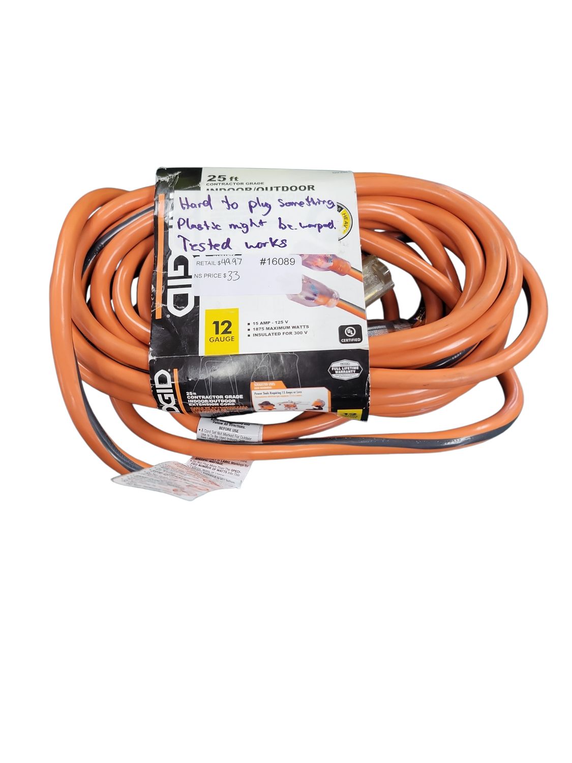 RIDGID 25 ft. 12/3 Heavy Duty Indoor/Outdoor Extension Cord with Lighted End, Orange/Grey 74025RGD