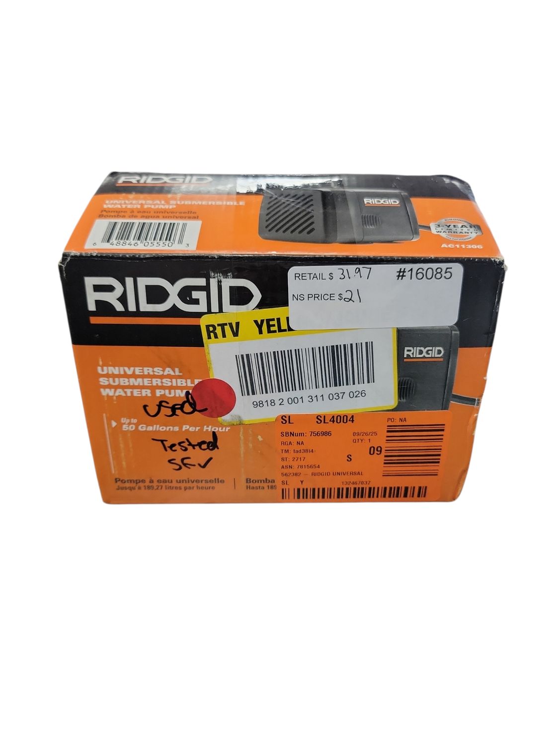RIDGID Replacement Submersible Water Pump for RIDGID Tile Saws  .