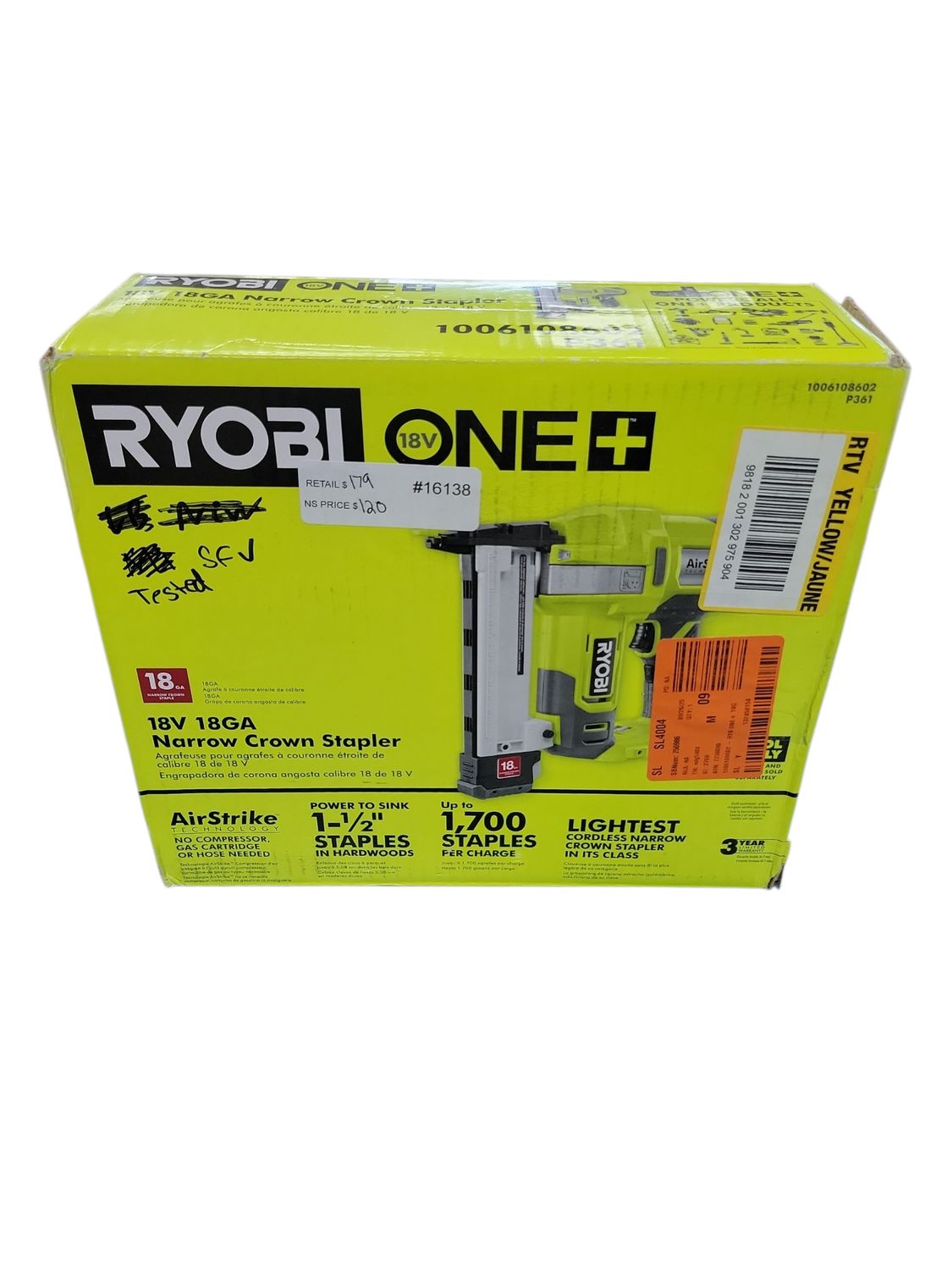 RYOBI ONE+ 18V 18-Gauge Cordless AirStrike Narrow Crown Stapler (Tool Only) P361