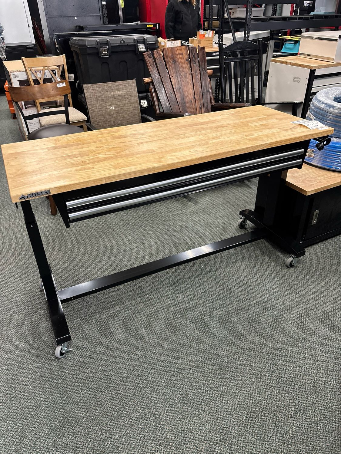 Husky 62 in. W x 24 in. D 2-Drawer Adjustable Height Black Workbench Table with Solid Wood Top HOTL6202B12   .