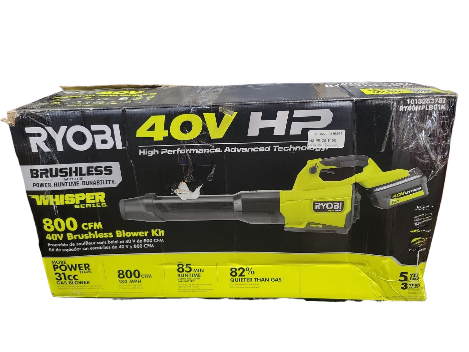 RYOBI 40V HP Brushless Whisper Series 180 MPH 800 CFM Cordless Battery Leaf Blower (Tool Only) RY40HPLB01B .