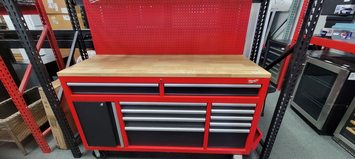 Milwaukee 61 in. 11-Drawer/1-Door 22 in. D Mobile Workbench with Sliding Pegboard Back Wall in Red/Black 48-22-8561 .