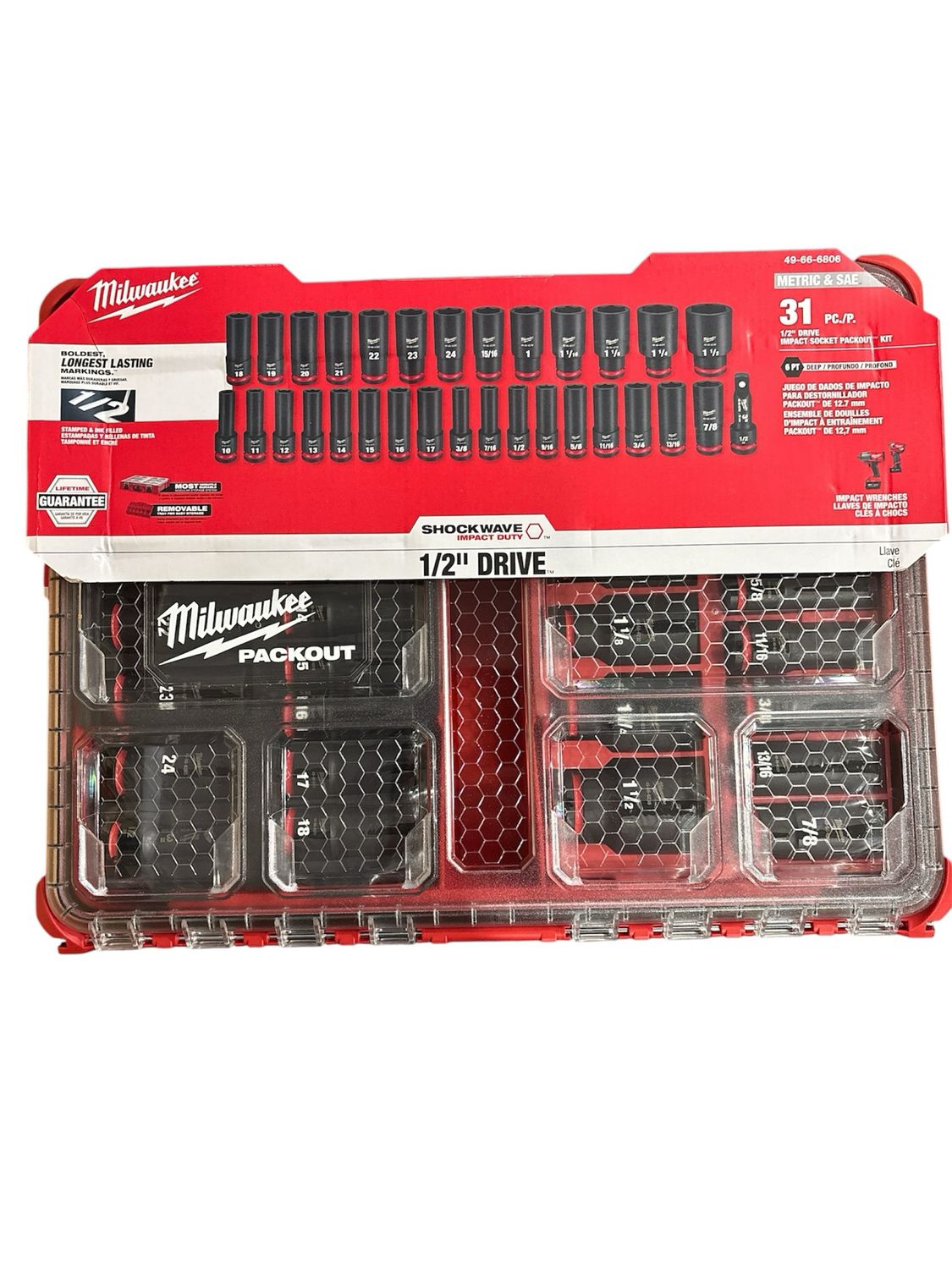 Milwaukee SHOCKWAVE Impact-Duty 1/2 in. Drive Metric and SAE Deep Well Impact PACKOUT Socket Set (31-Piece) 49-66-6806