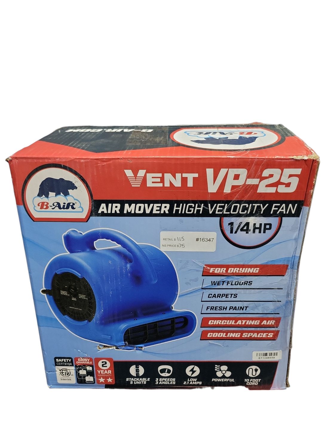 B-Air 1/4 HP Air Mover Blower Fan for Water Damage Restoration Carpet Dryer Floor Home and Plumbing Use in Blue BA-VP-25-BL