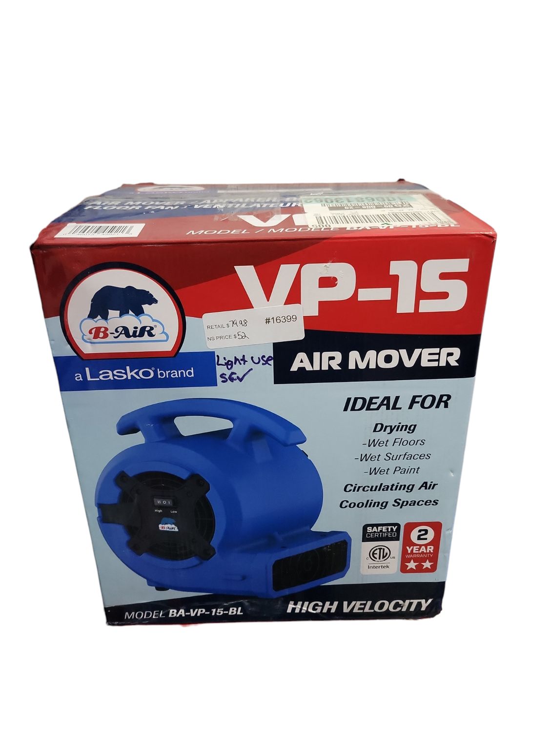 B-Air 1/8 HP Air Mover Carpet Dryer Floor Blower Fan for Home Use in Blue BA-VP-15-BL .