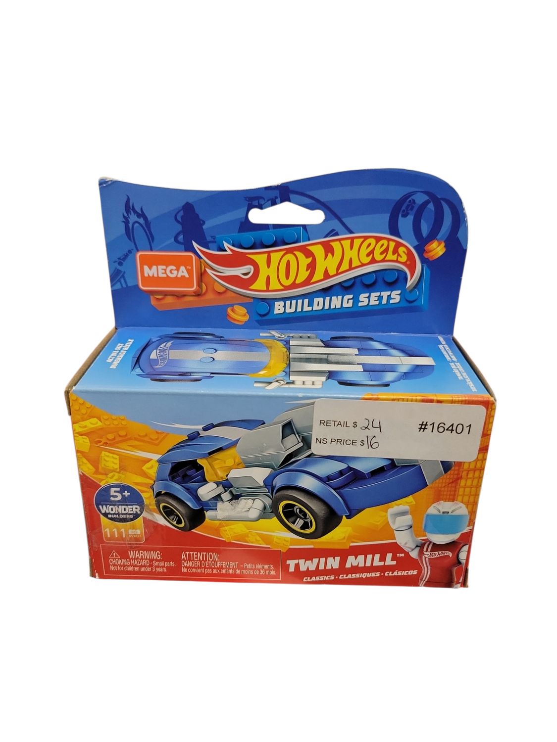 MEGA Construx Hot Wheels Race Car Building Toys Set, Twin Mill with 111 Pieces, 1 Micro Action Figure Driver, Blue, Kids Ages 5+ Years