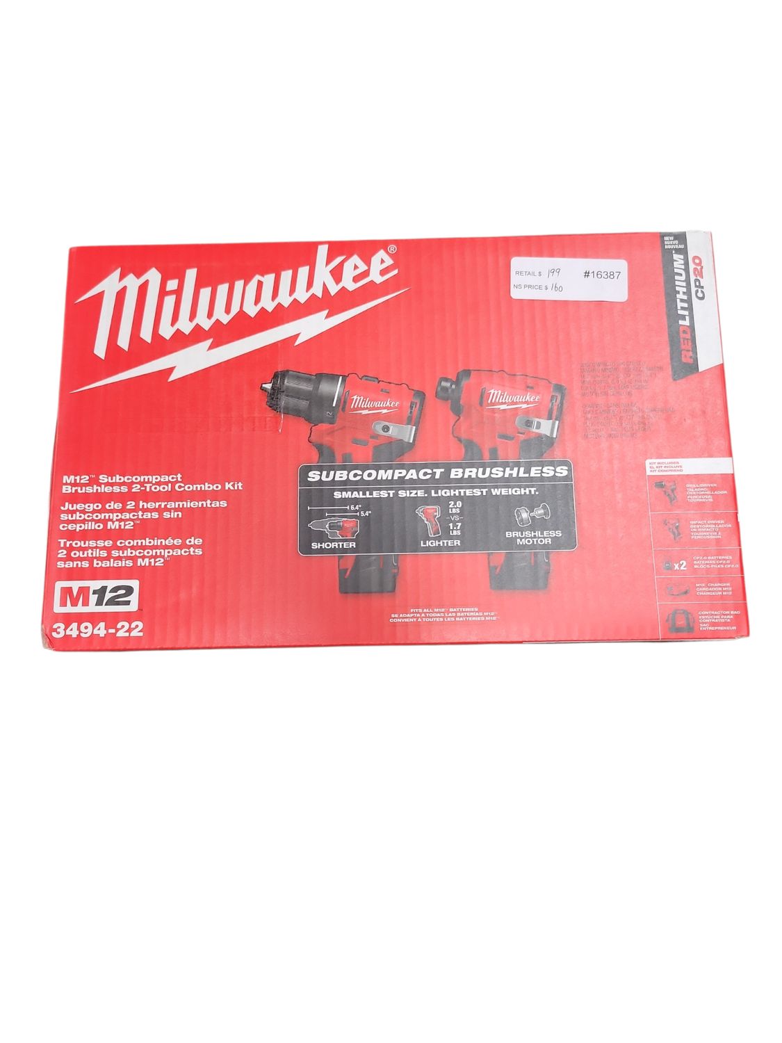 Milwaukee M12 12-Volt Lithium-Ion Brushless Cordless Subcompact Drill and Impact Driver Combo Kit w/2 Batteries and Bag (2-Tool) 3494-22