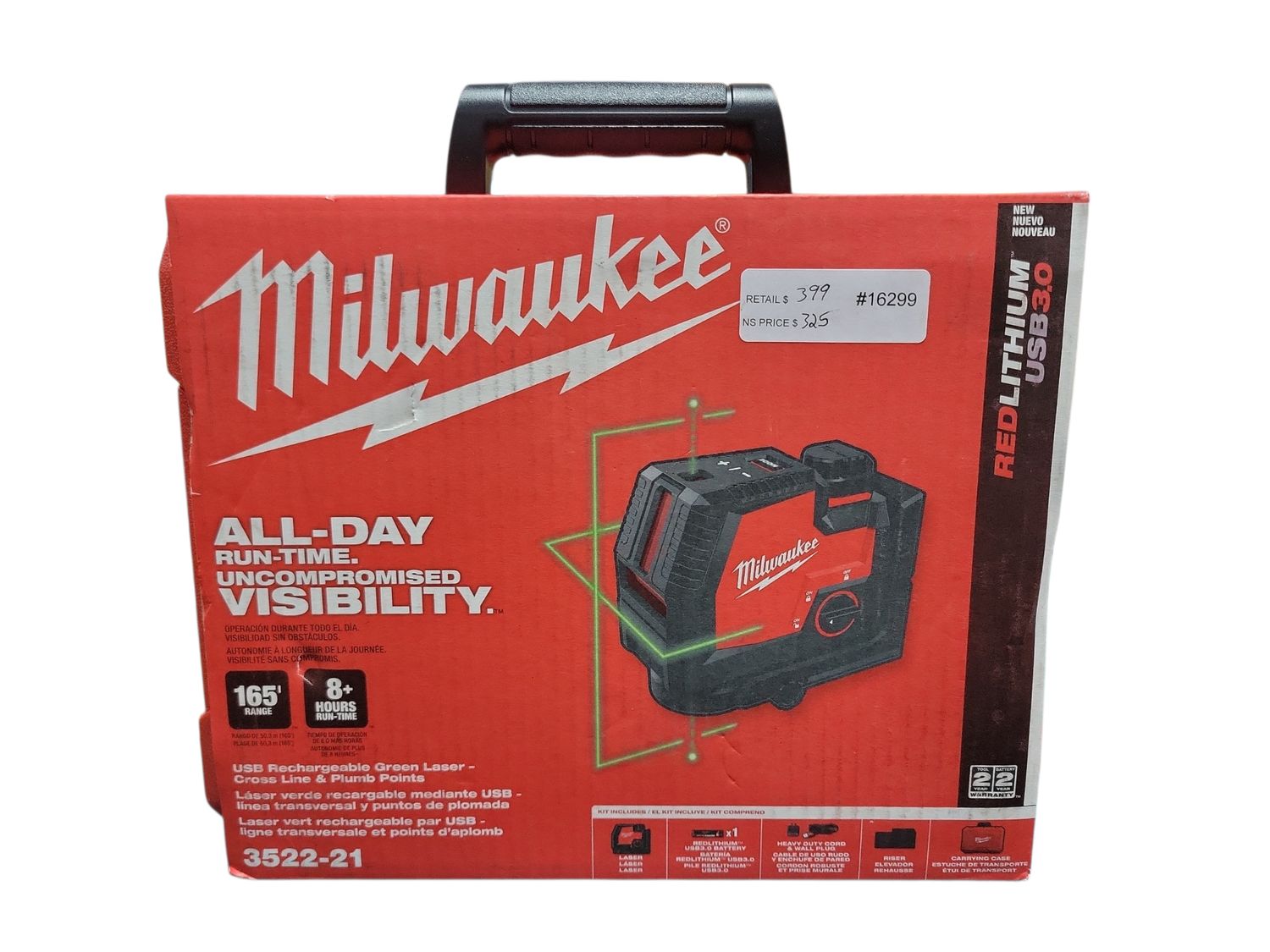 Milwaukee Green 100 ft. Cross Line and Plumb Points Rechargeable Laser Level with REDLITHIUM Lithium-Ion USB Battery and Charger 3522-21