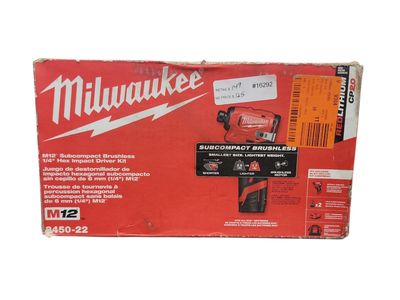 Milwaukee M12 12-Volt Lithium-Ion Compact Brushless Cordless 1/4 in. Impact Driver Kit w (2) 2.0 Ah Batteries, Charger &amp; Tool Bag 3450-22