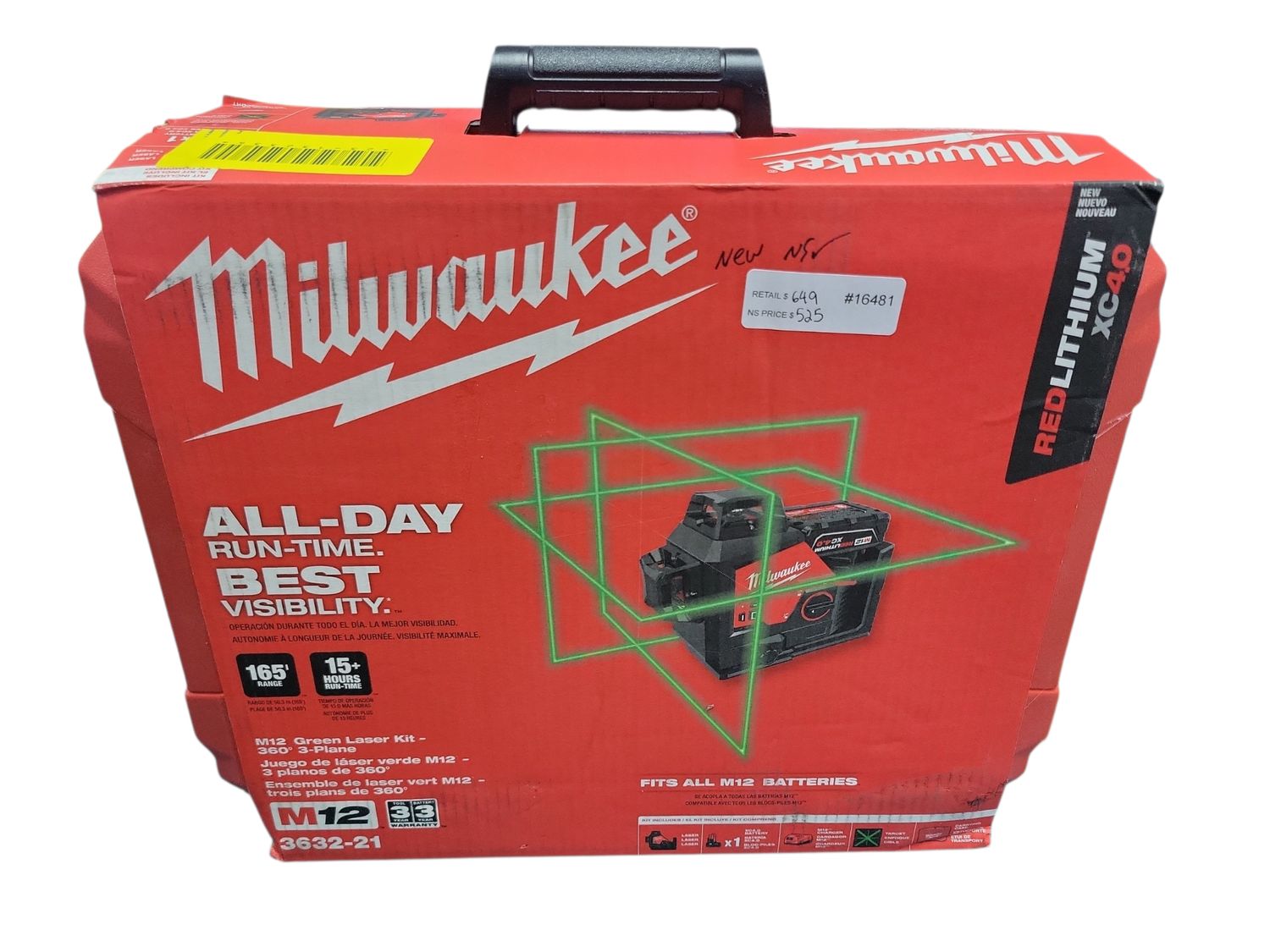 Milwaukee M12 12-Volt Lithium-Ion Cordless Green 250 ft. 3-Plane Laser Level Kit with One 4.0 Ah Battery, Charger and Case 3632-21 .