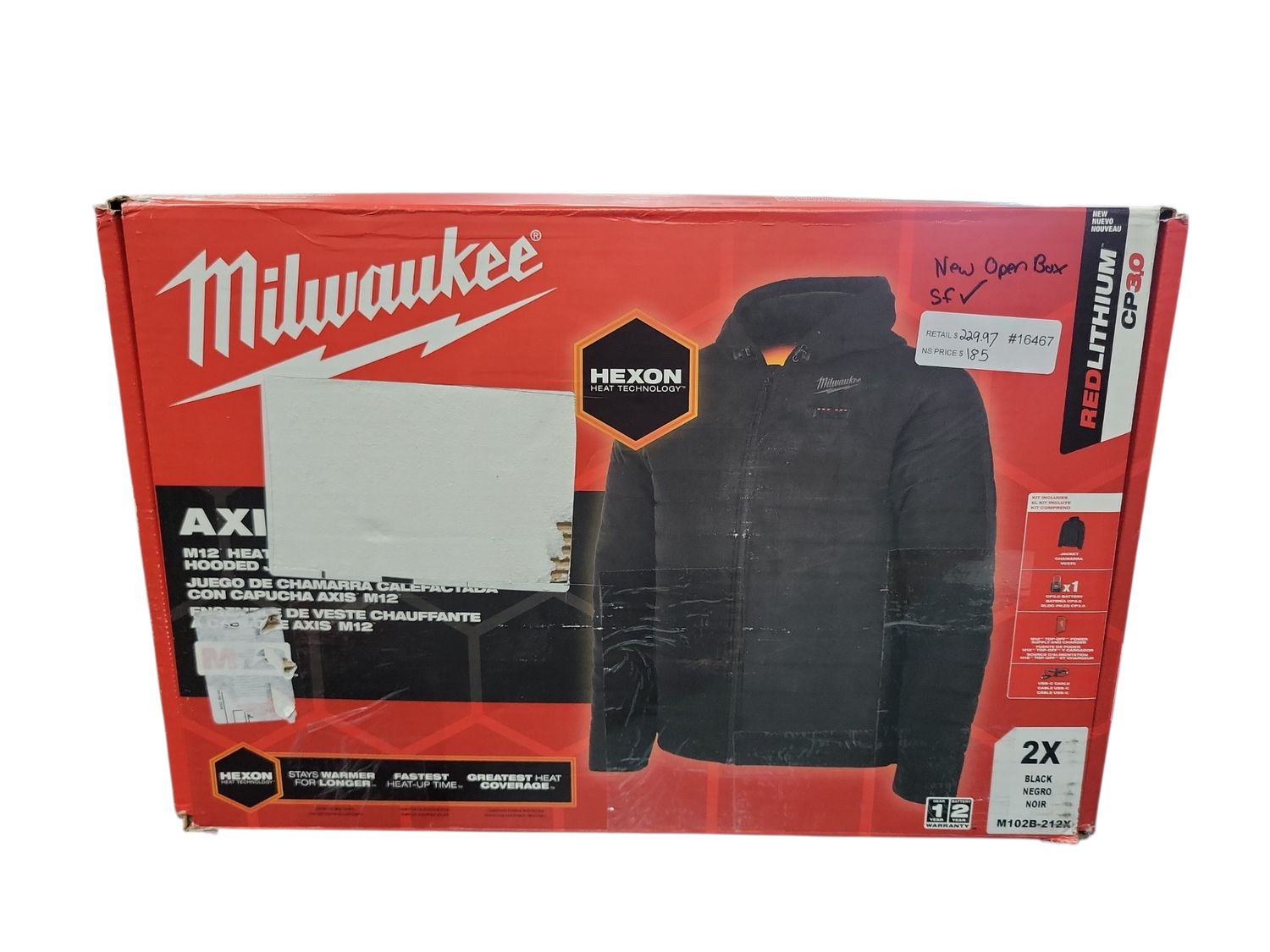Milwaukee Men's 2 X-Large M12 12V Lithium-Ion Cordless Axis Black Heated Quilted Hooded Jacket Kit (1) 3.0 Ah Battery and Charger M102B-212X