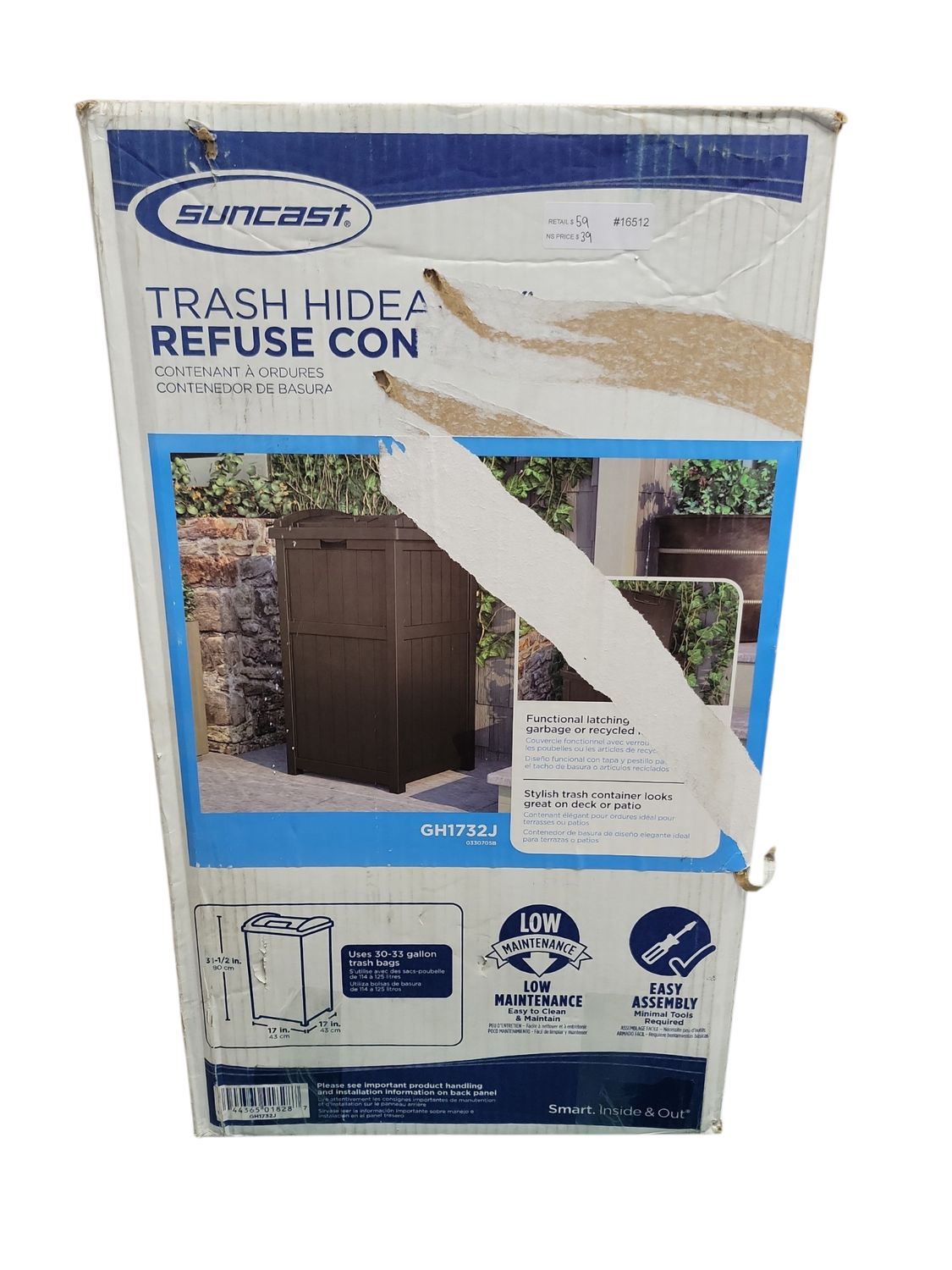 Suncast Plastic Trash Hideaway 30 Gallon Brown Outdoor Trash Can with Lid, Suitable for Patios, Decks and Backyards 203664069