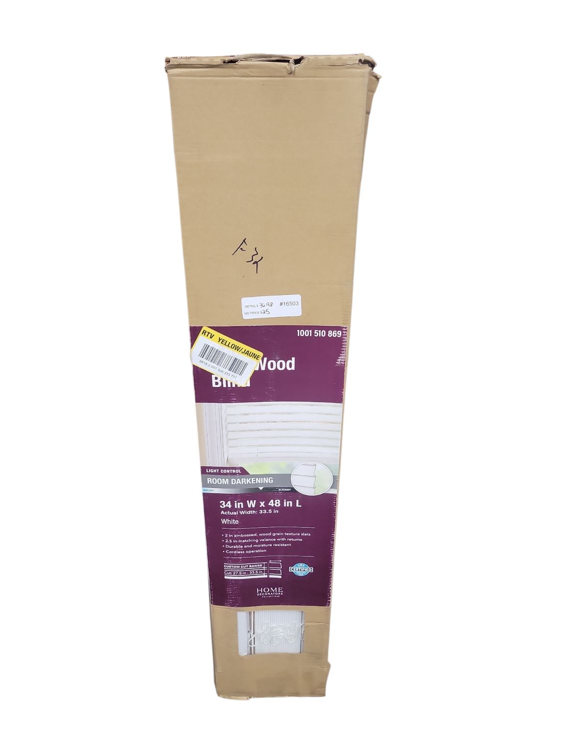 Home Decorators Collection White Cordless Faux Wood Blinds for Windows with 2 in. Slats - 34 in. W x 48 in. L (Actual Size 33.5 in. W x 48 in. L) 10793478184552