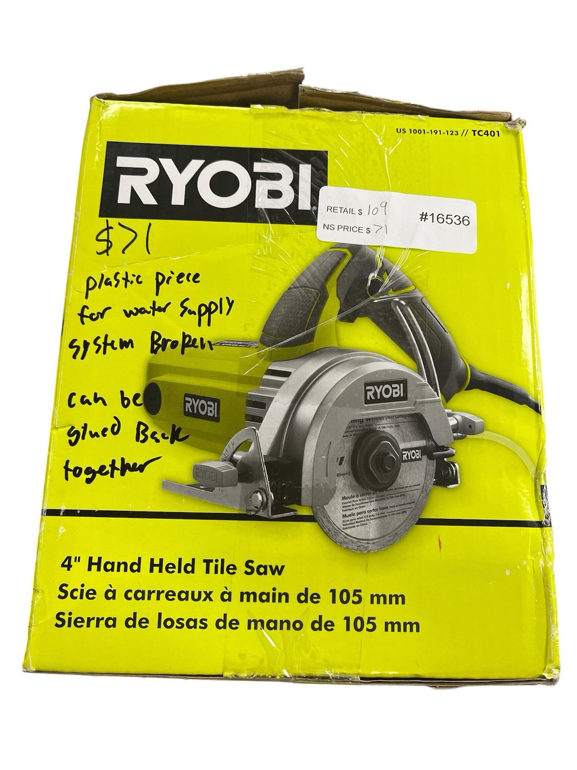 RYOBI 12 -Amps 4 in. Blade Corded Wet Tile Saw TC401 BROKEN PIECE