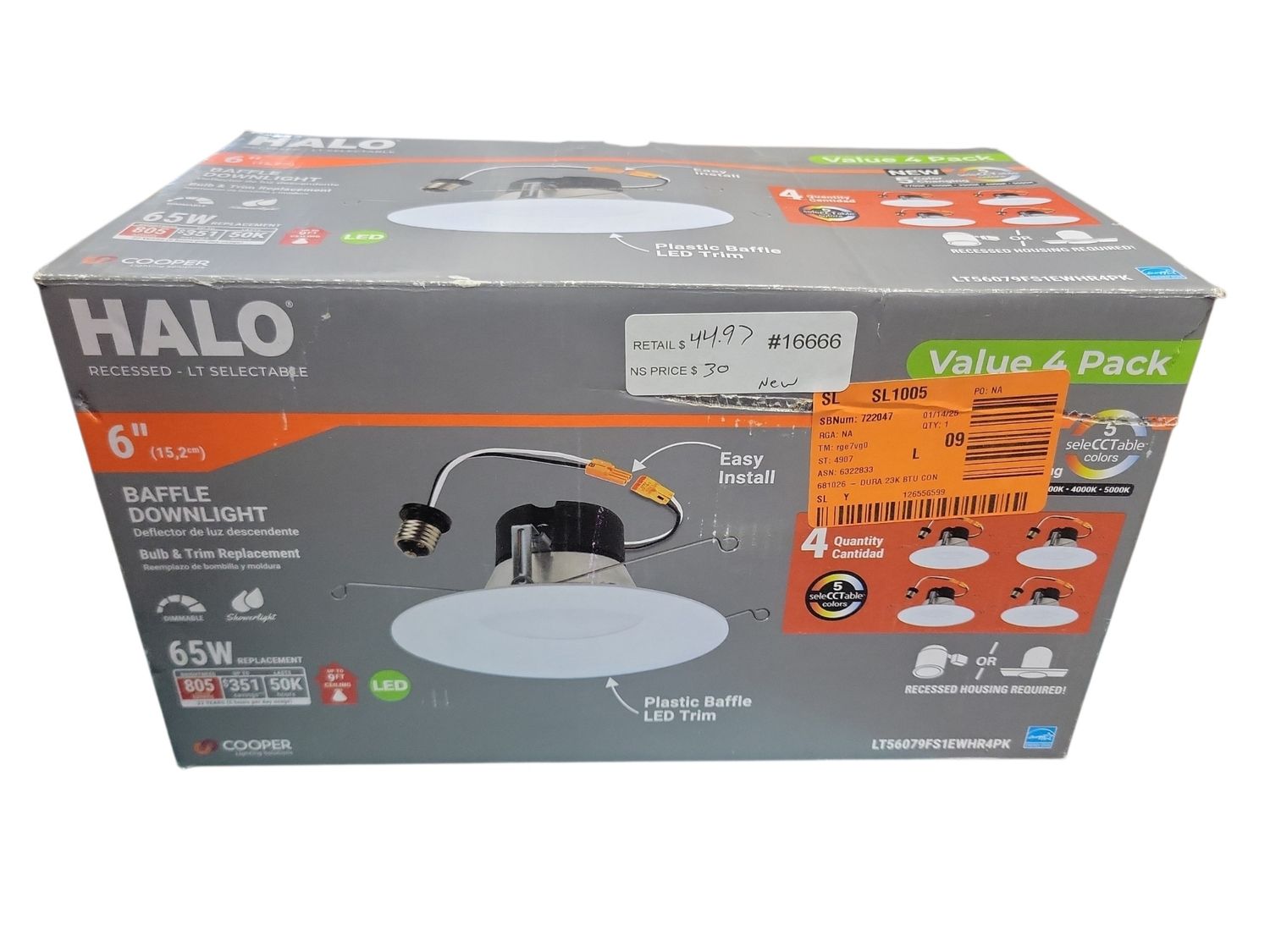 HALO LT 5/6 in. Adjustable Integrated LED Recessed Light Trim Retrofit Module with Baffle Trim 5CCT 750lm (4-Pack) LT56079FS1EWHR4PK