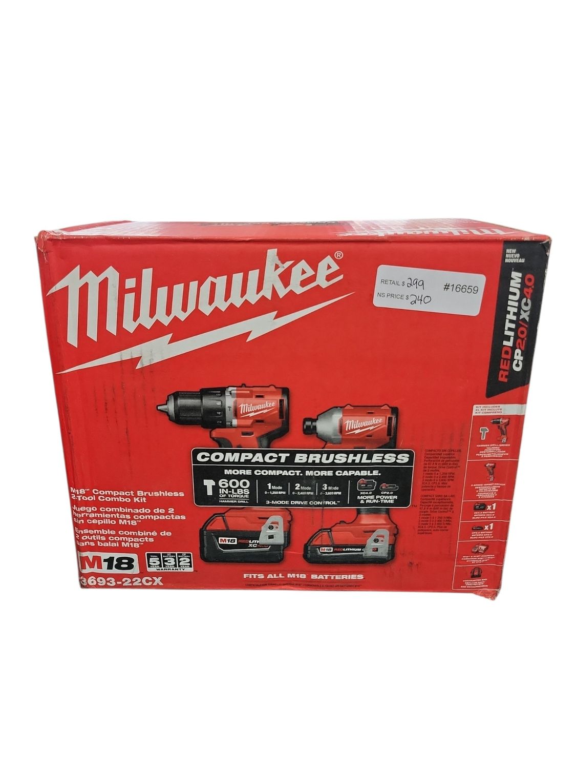 Milwaukee M18 18-Volt Lithium-Ion Brushless Cordless Compact Hammer Drill/Impact Combo Kit (2-Tool) with (2) Batteries, Bag 3693-22CX
