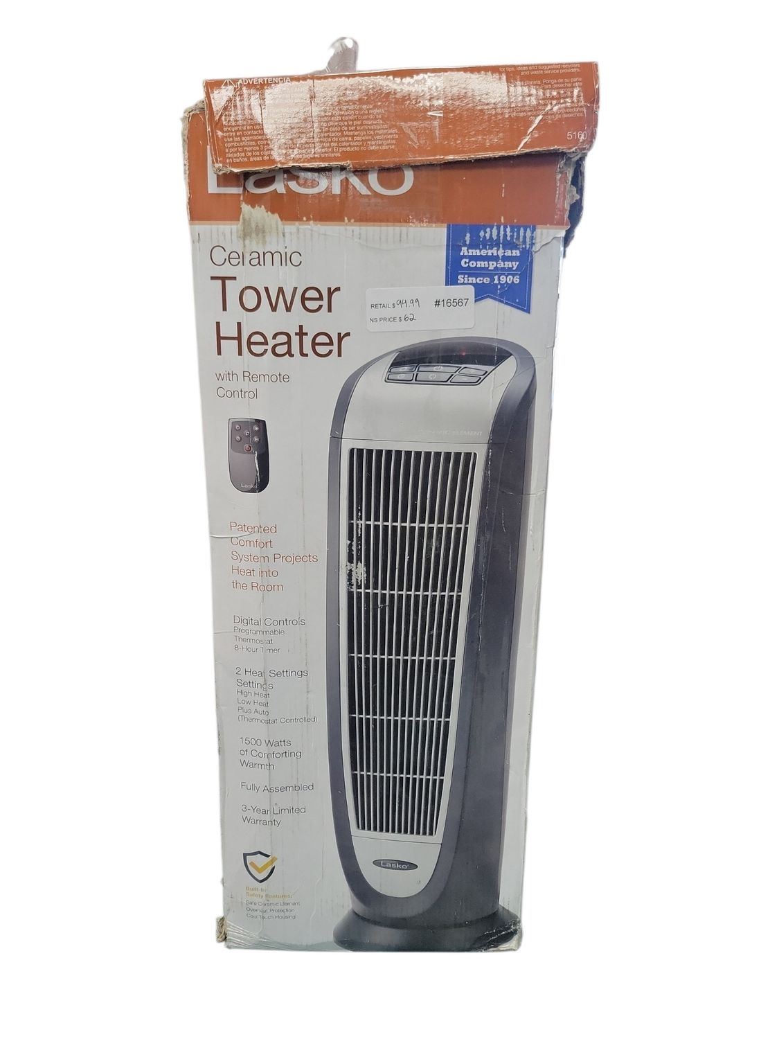 Lasko 1500 Watts Electric Oscillating Tower Heater, 2 Heat Settings, 23"H x 7.25"W x 8.25"D, Gray 559412