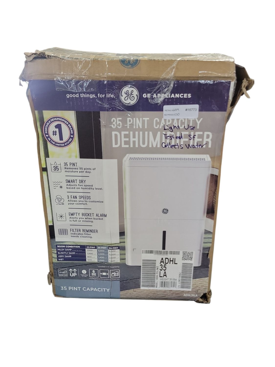 GE 35 pt. Dehumidifier with Smart Dry for Bedroom, Basement or Very Damp Rooms up to 3000 sq. ft. in White, ENERGY STAR ADHL35LA   .