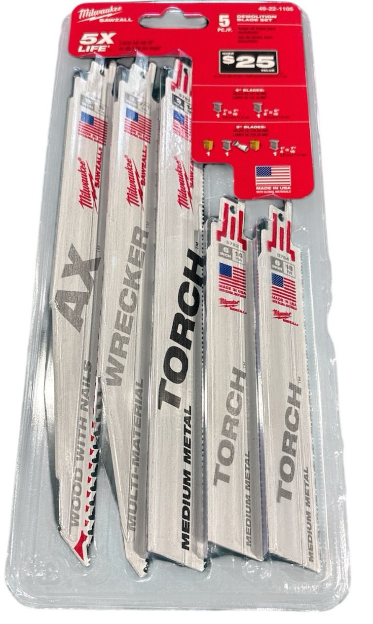 Milwaukee SAWZALL Demolition Nail-Embedded Wood and Metal Cutting Bi-Metal Reciprocating Saw Blade Set (5 Piece) 49-22-1105