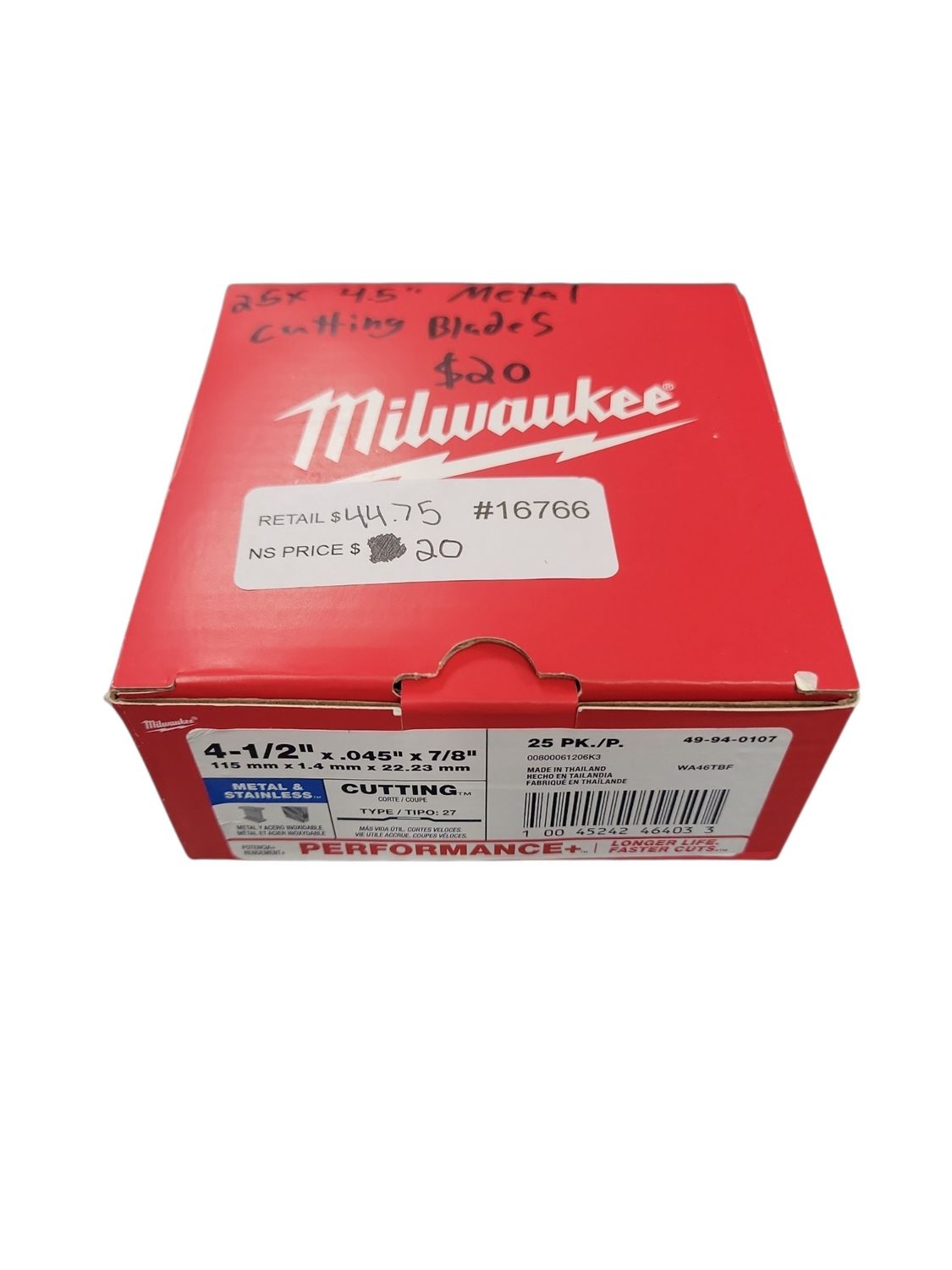 Milwaukee *25-PACK* 4-1/2 in. x. 045 in. x 7/8 in. Performance Plus Metal Cut Off Wheel-Type 27 49-94-0107