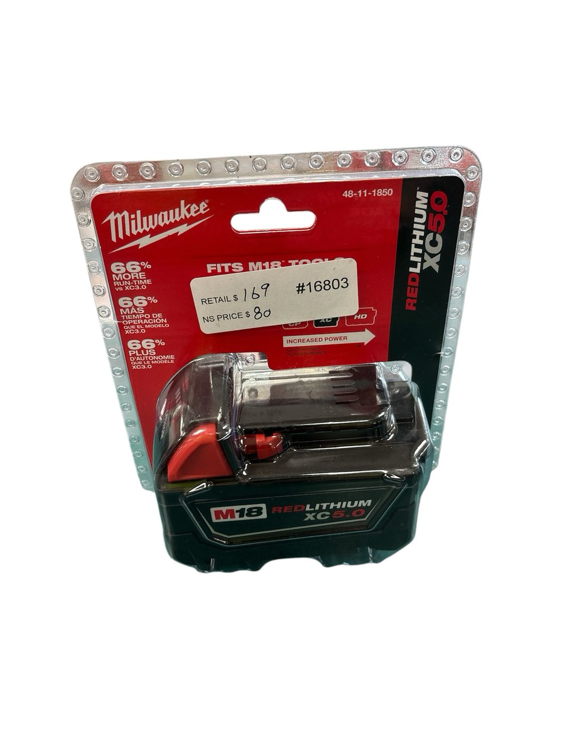 Milwaukee M18 18-Volt 5.0 Ah Lithium-Ion XC Extended Capacity Battery Pack 48-11-1850           .