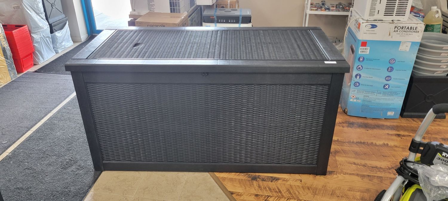 260 Gallon Waterproof Outdoor Storage Box, UV Resistant Resin Deck Box with Hydraulic Rod for Reinforced Stability, Perfect for Patio, Garden, and Pool, Striped Black