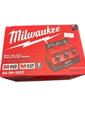 Milwaukee M12 and M18 12-Volt/18-Volt Lithium-Ion Multi-Voltage 6-Port Sequential Rapid Battery Charger (3 M12 and 3 M18 Ports) 48-59-1807 .