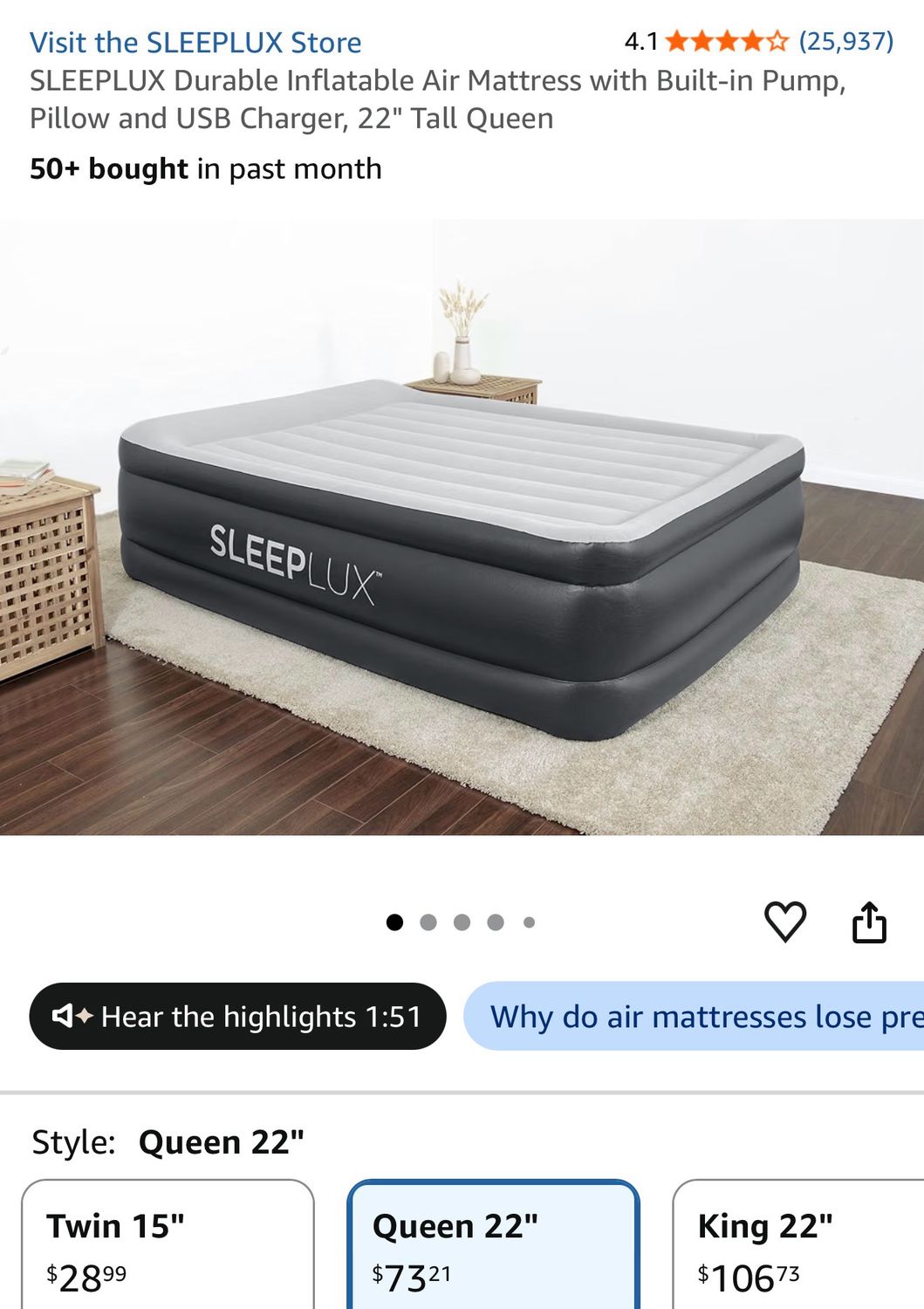 SLEEPLUX Durable Inflatable Air Mattress with Built-in Pump, Pillow and USB Charger, 22" Tall Queen