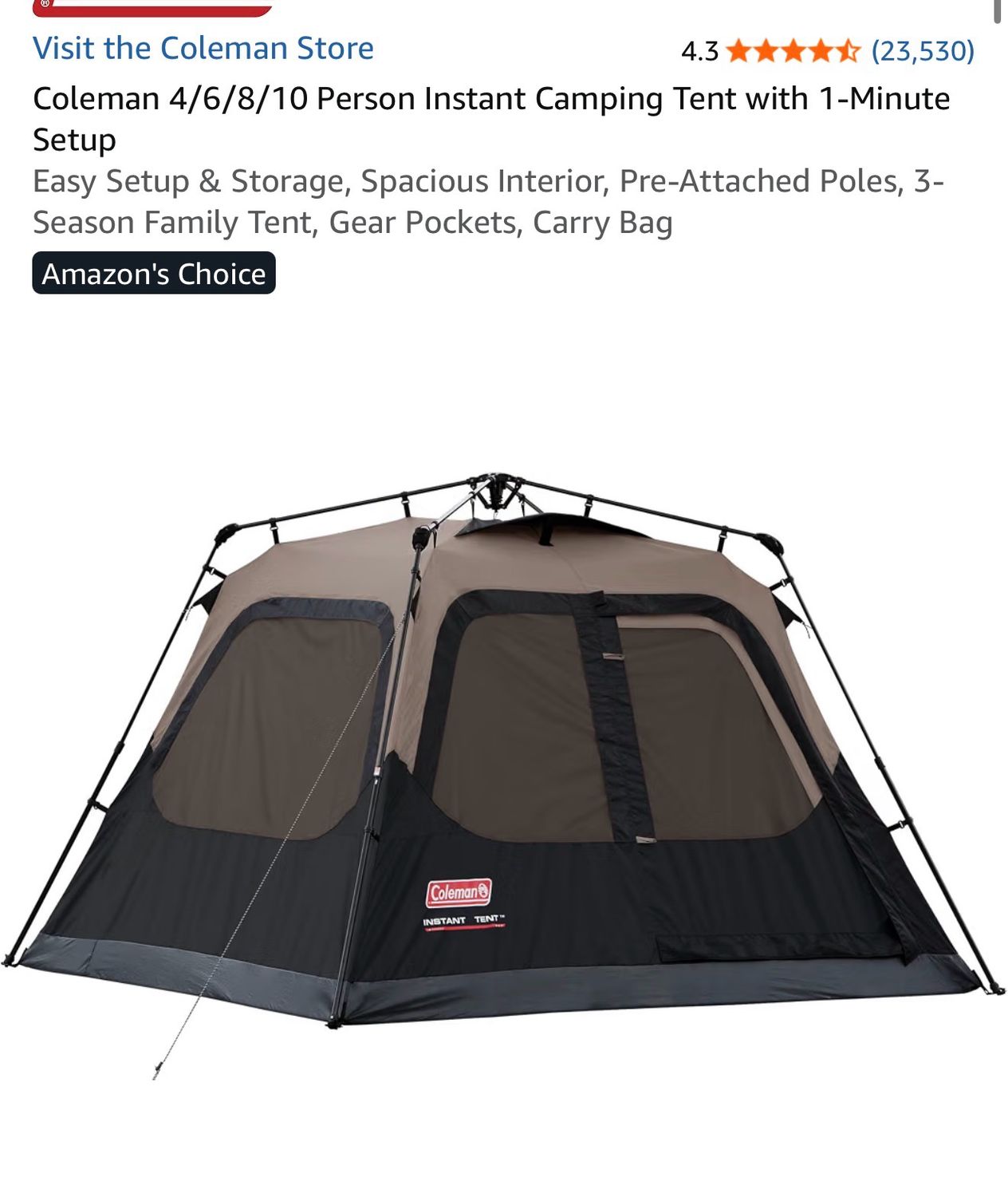 Coleman 4 Person Instant Camping Tent with 1-Minute Setup