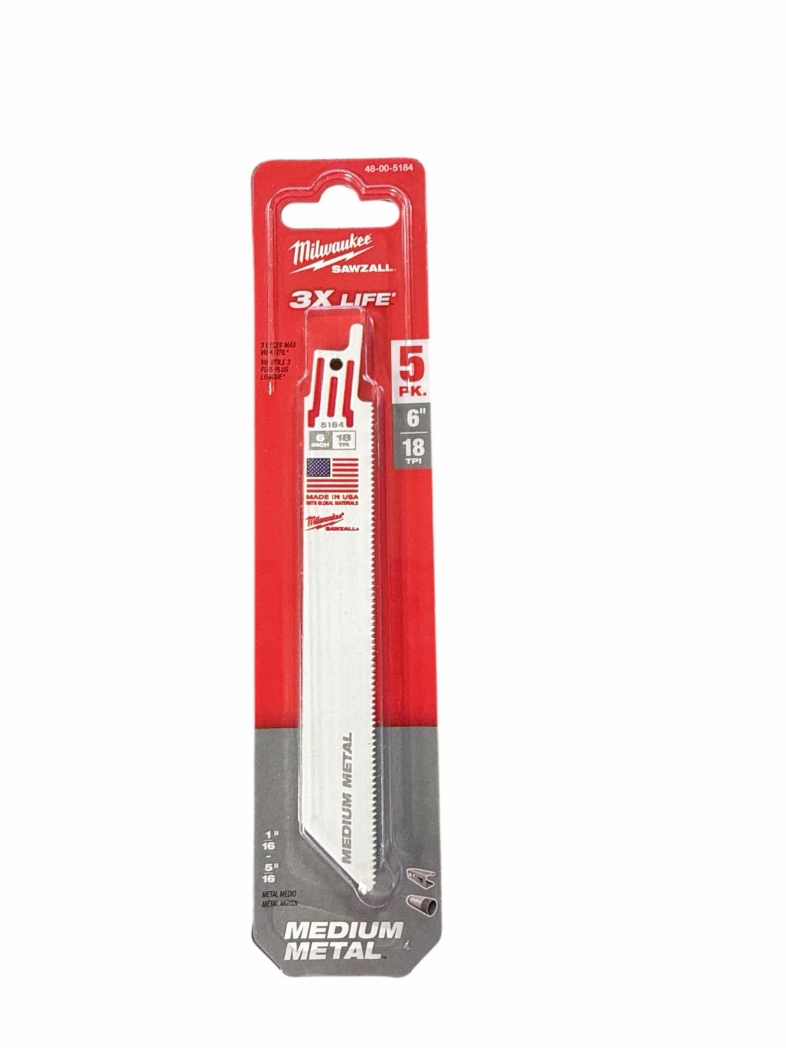 Milwaukee 6 in. 18 TPI Medium Metal Cutting SAWZALL Reciprocating Saw Blades (5-Pack) 48-00-5184
