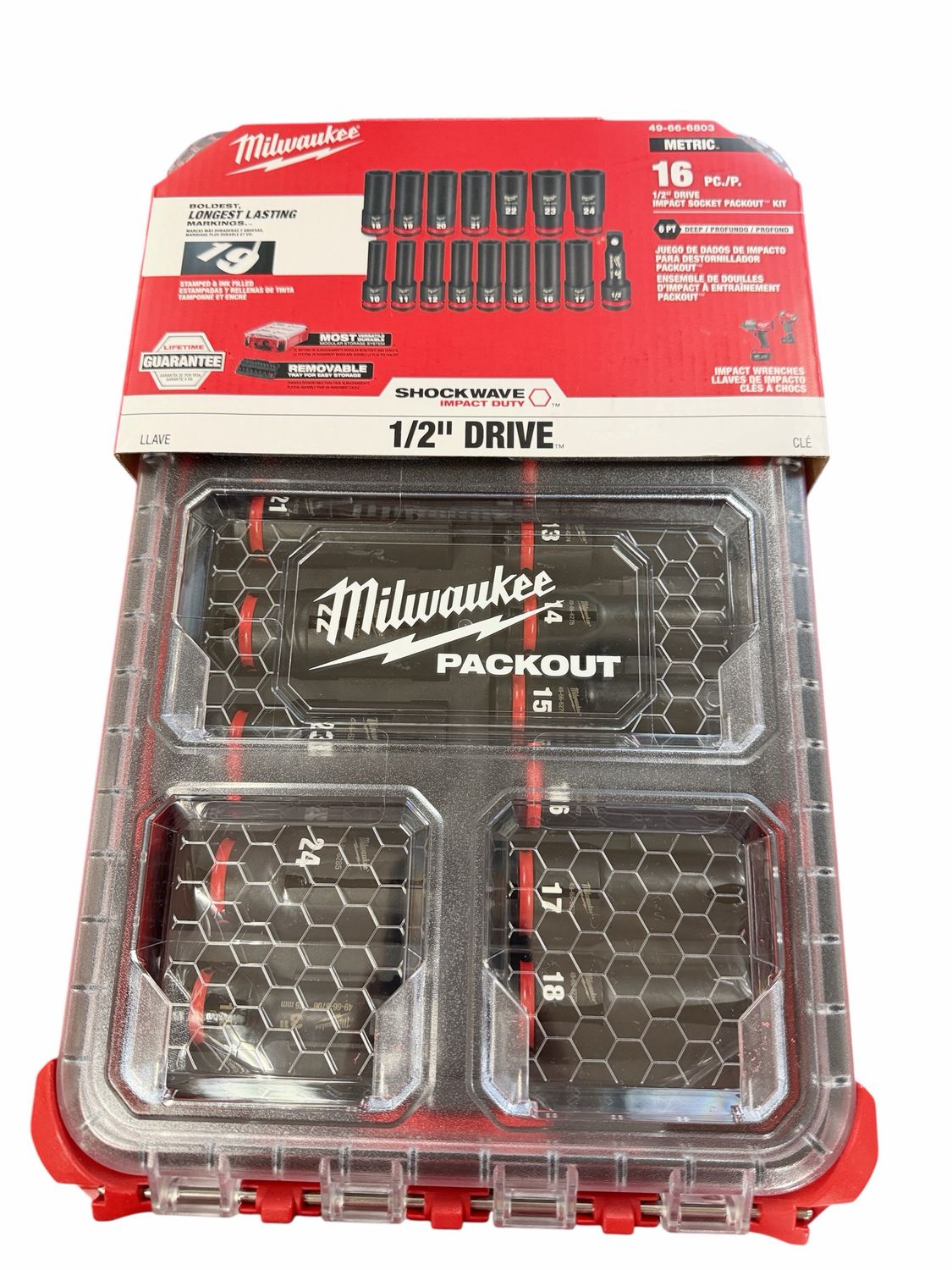 Milwaukee SHOCKWAVE Impact Duty 1/2" Drive Metric Deep Well PACKOUT Socket Set (16-Piece) 49-66-6803
