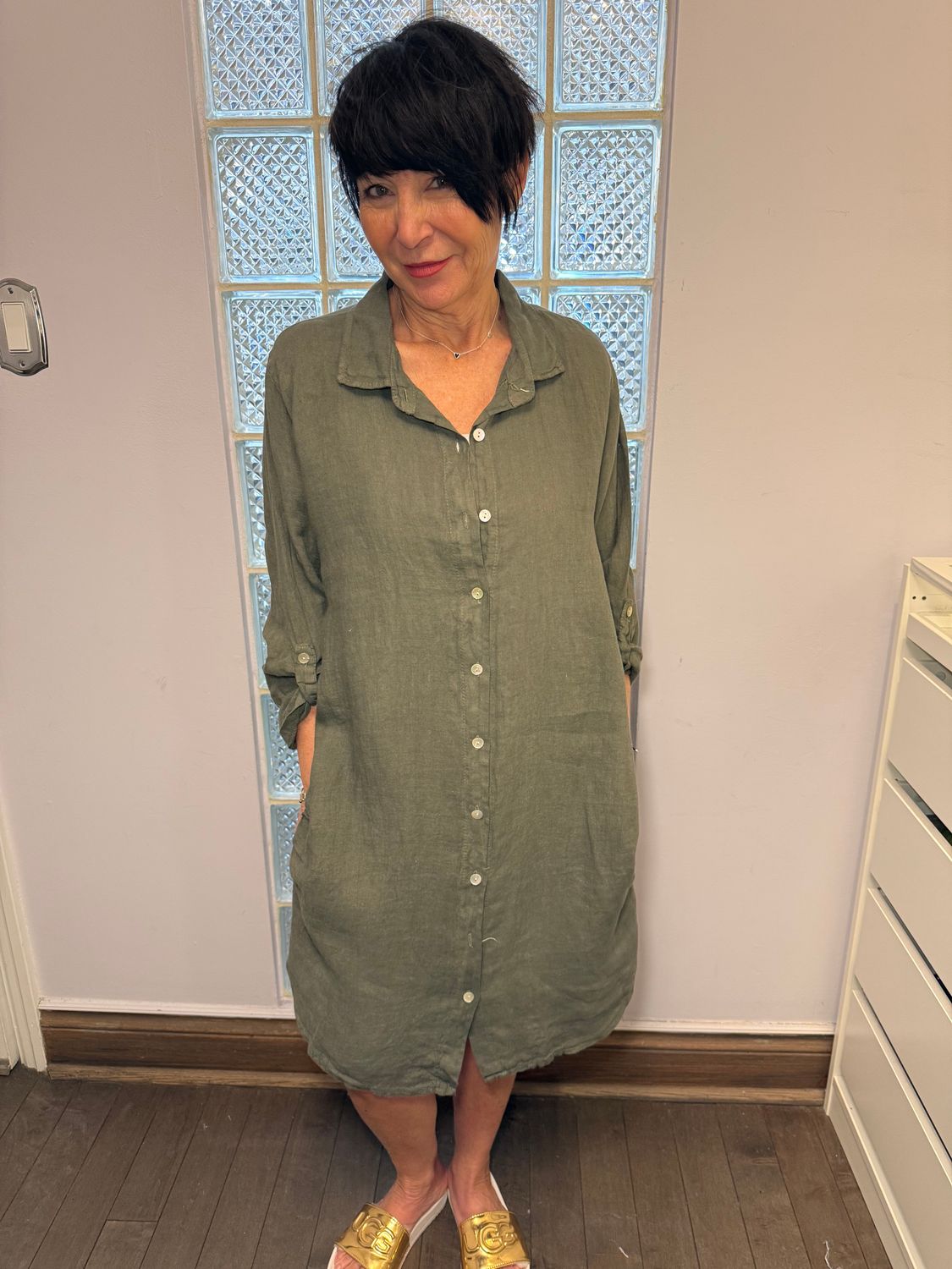 Pistache Linen Blouse Dress 3520 S25, Color: Green Vine, Size: XS