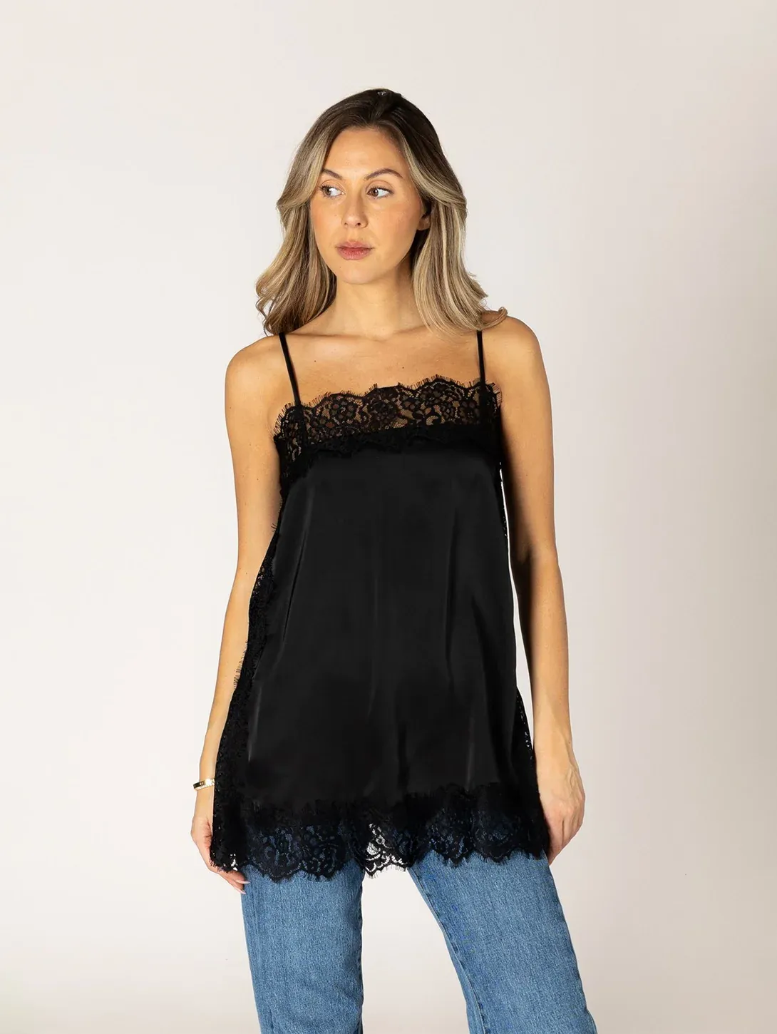 Lyla + Luxe Lace Cami Top Slipdress F26, Color: Black, Size: XS