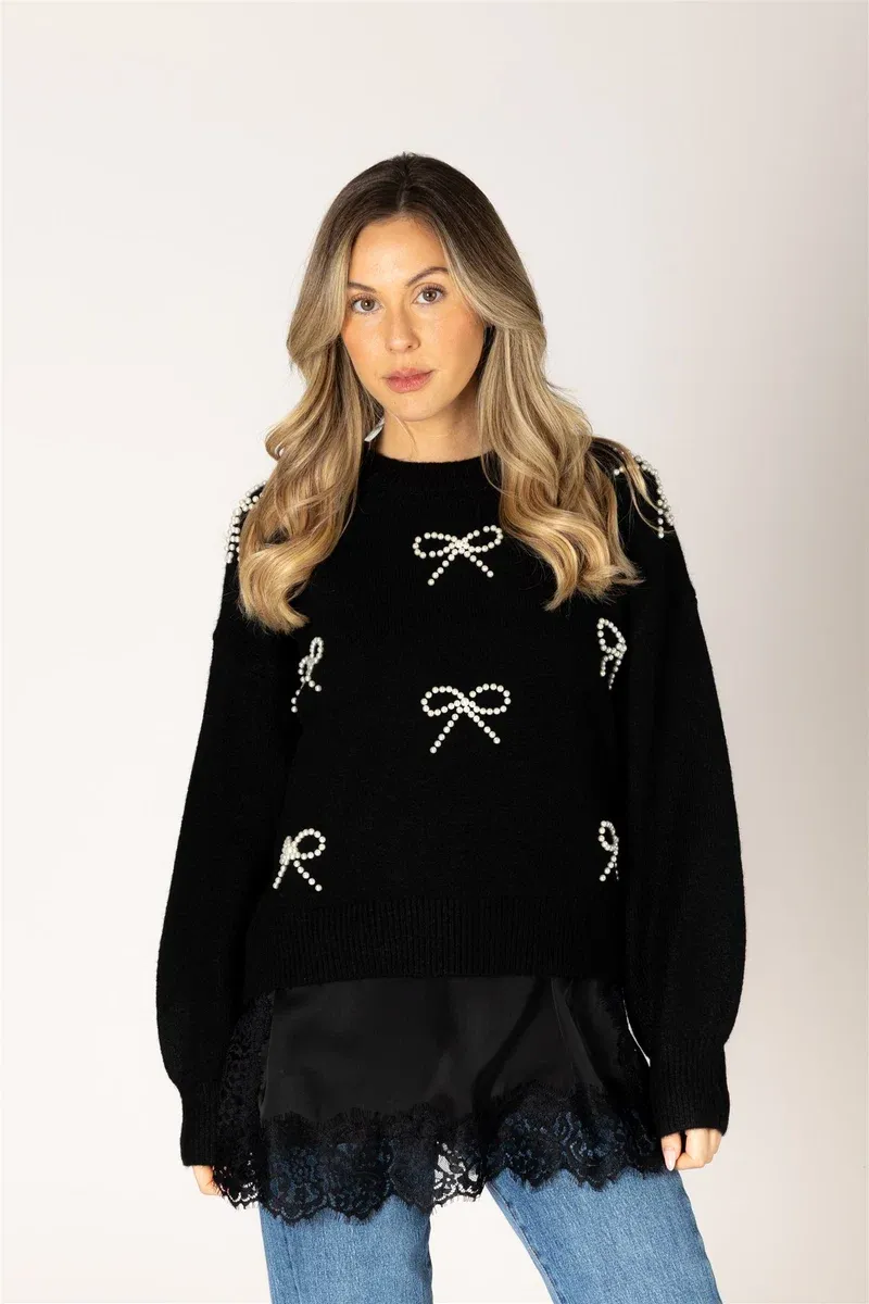 Lyla + Luxe Novelty Pearl Bow Sweater BOWS F26