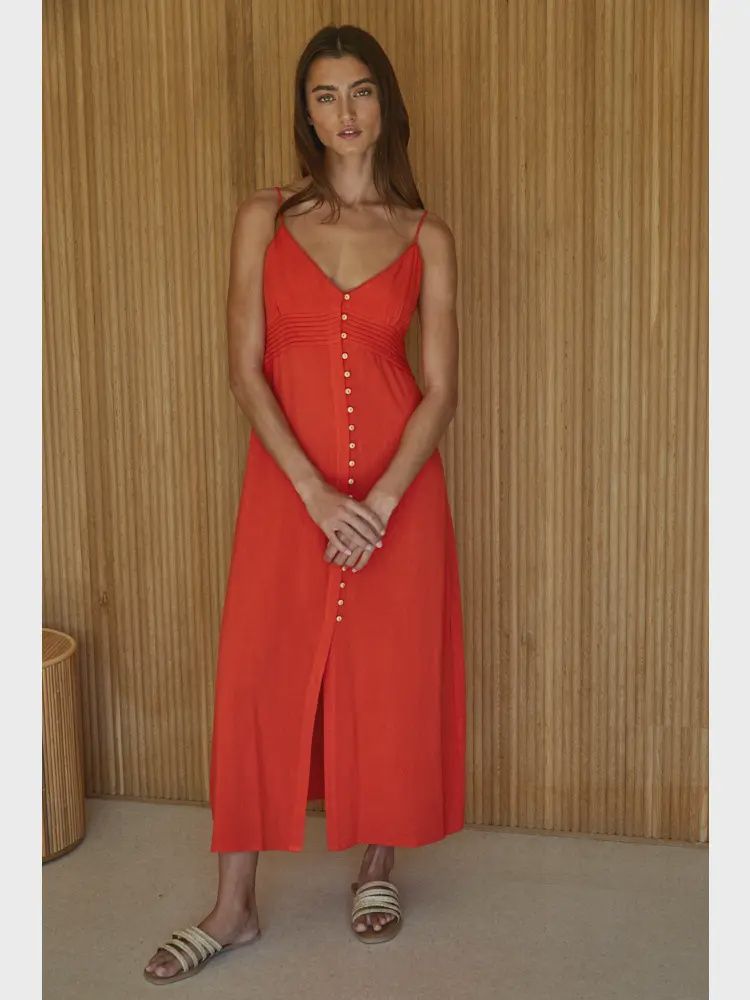 L8172 | Woven Linen Rayon Button Down V-Neck Midi Dress Red Orange
