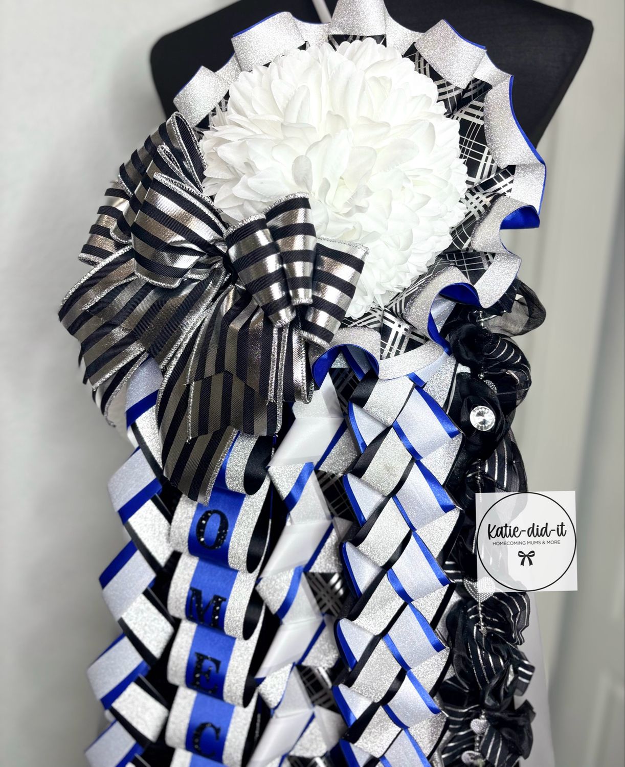PREMADE 36 inch black plaid, blue, and silver