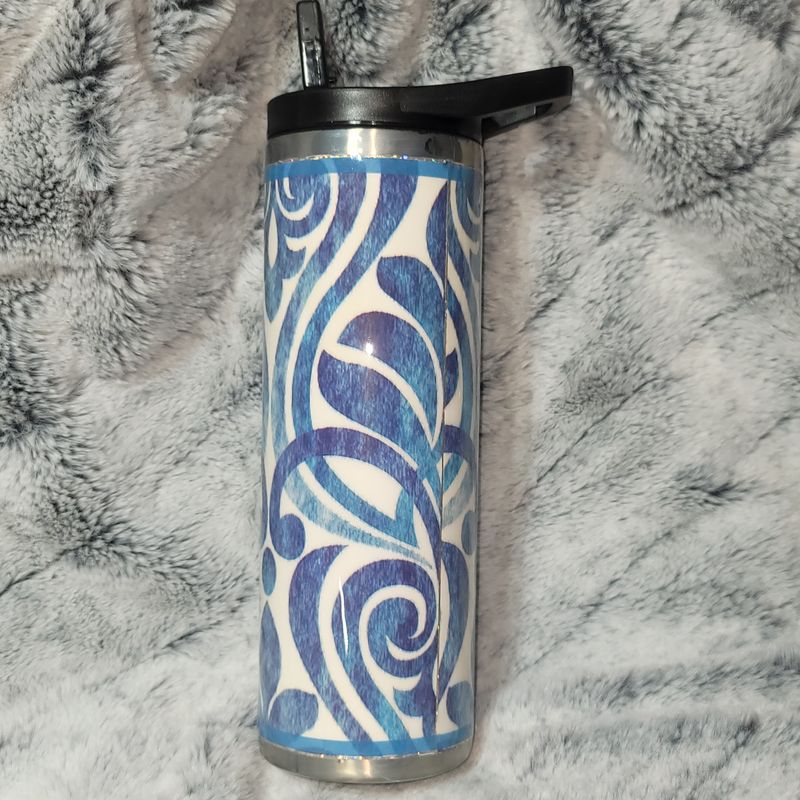 20 oz Duo Skinny Hydro-Sport Stainless Steel Epoxy Tumbler - White/Blue Swirl Flower