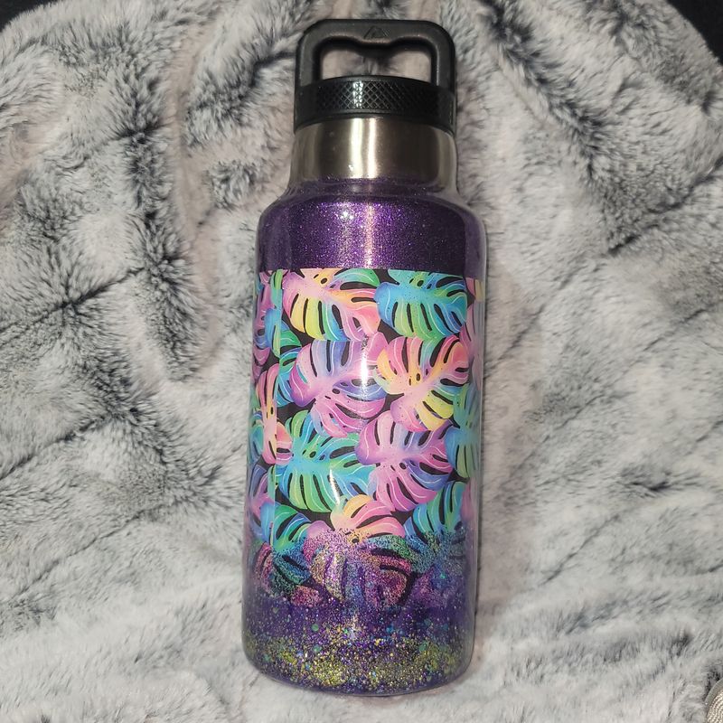 32oz Stainless Steel Water Jug - Tropical Leaf/Purple