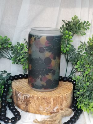 12oz Sublimated Frosted Glass Can - Christmas Tree Theme