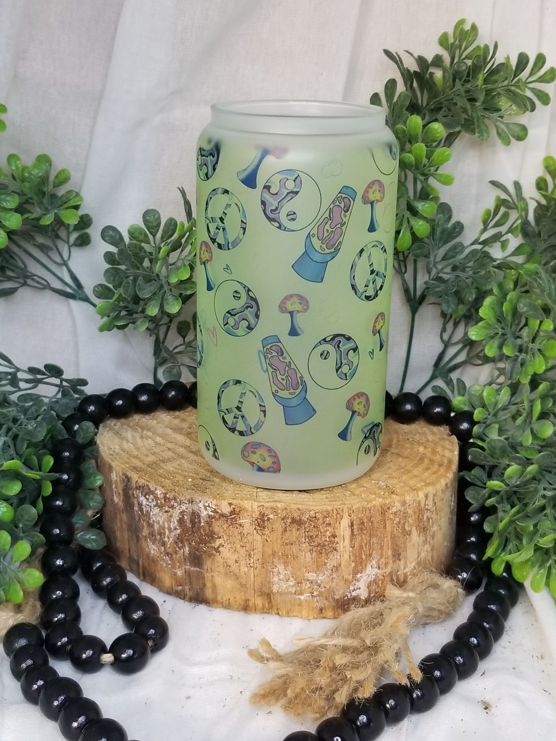 12oz Sublimated Frosted Glass Can - Retro Groovy Theme