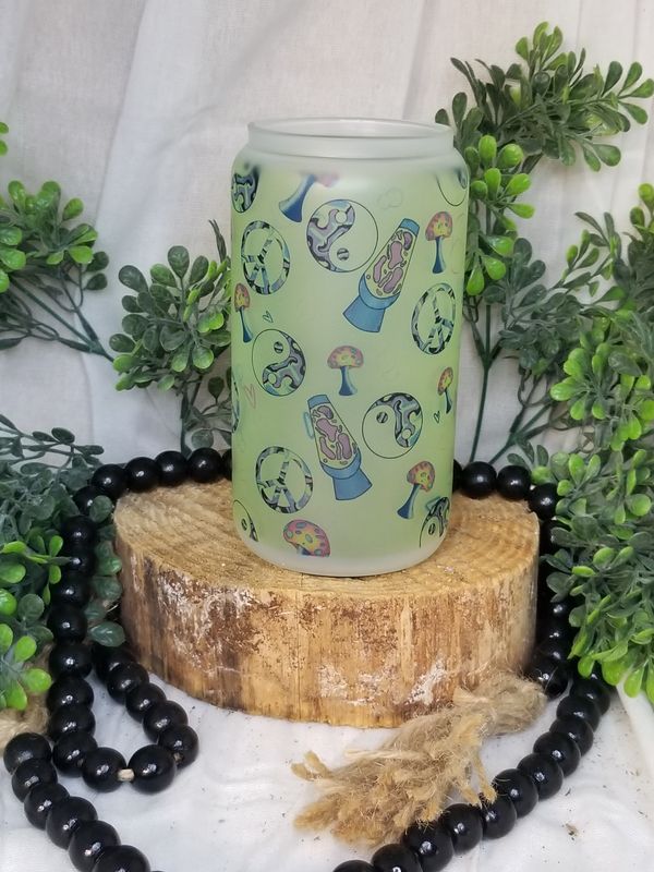 12oz Sublimated Frosted Glass Can - Retro Groovy Theme