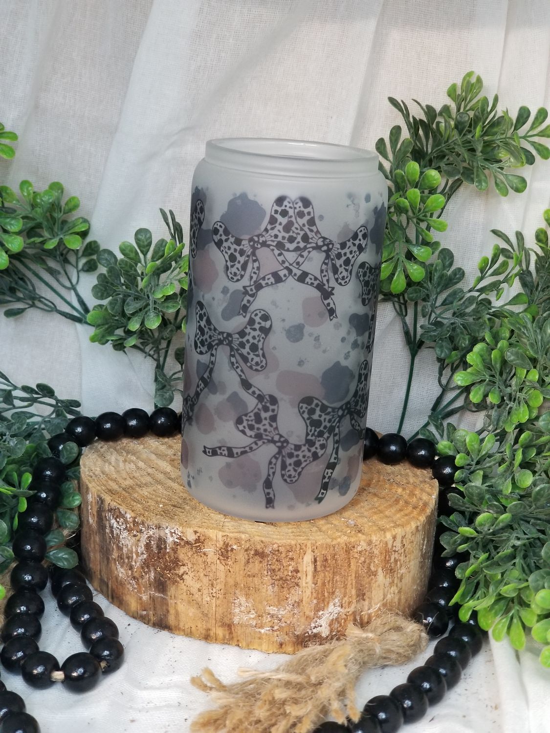12oz Sublimated Frosted Glass Can - Cow Print w/Bows