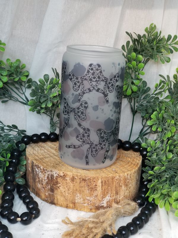12oz Sublimated Frosted Glass Can - Cow Print w/Bows