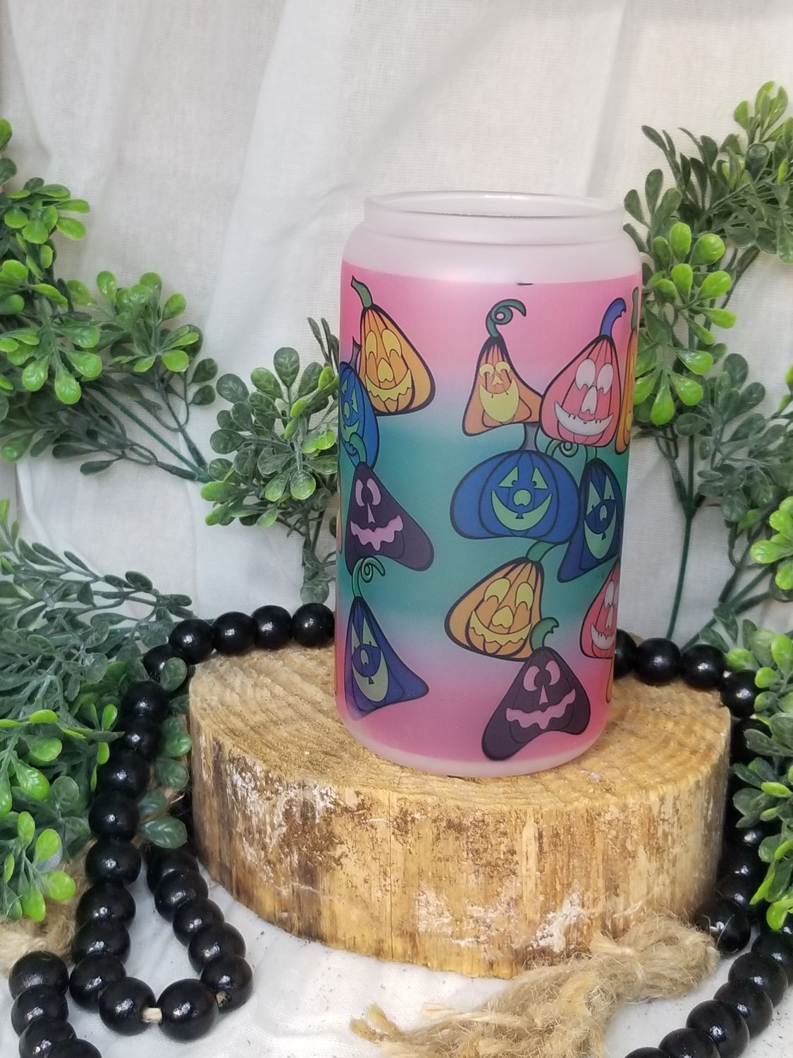 12oz Sublimated Frosted Glass Can - Vibrant Halloween Pumpkin