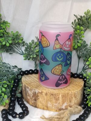 12oz Sublimated Frosted Glass Can - Vibrant Halloween Pumpkin