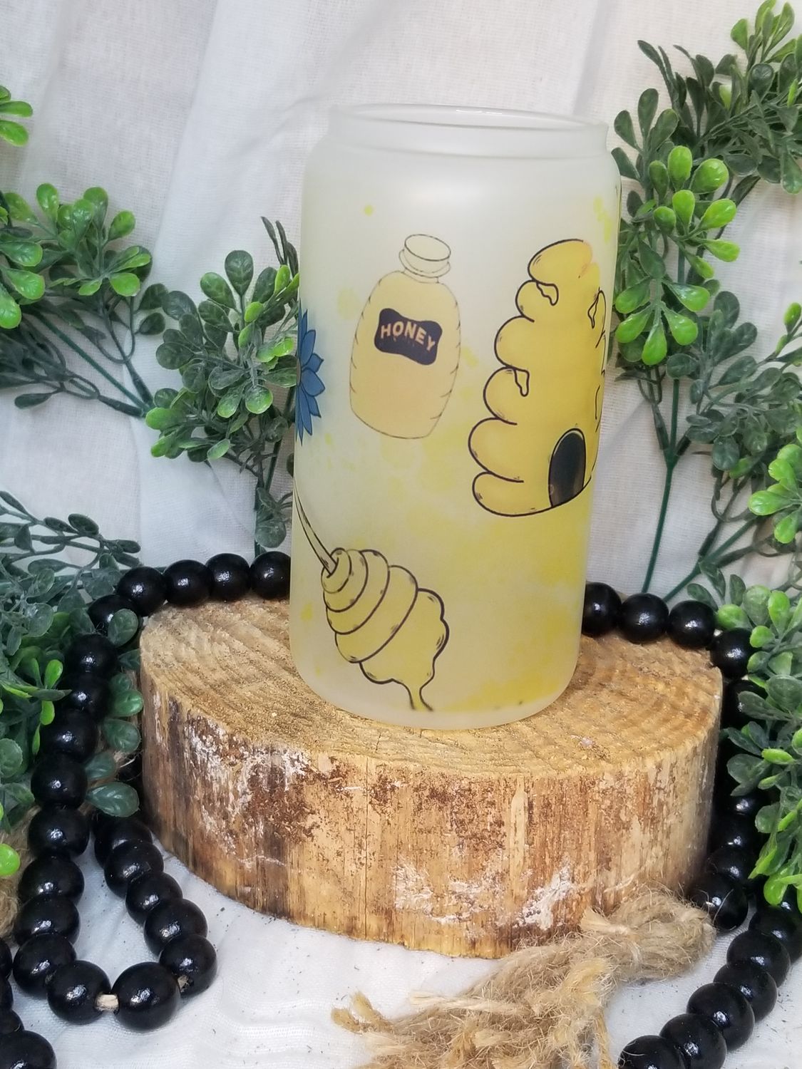 12oz Sublimated Frosted Glass Can - Yellow Bee Theme