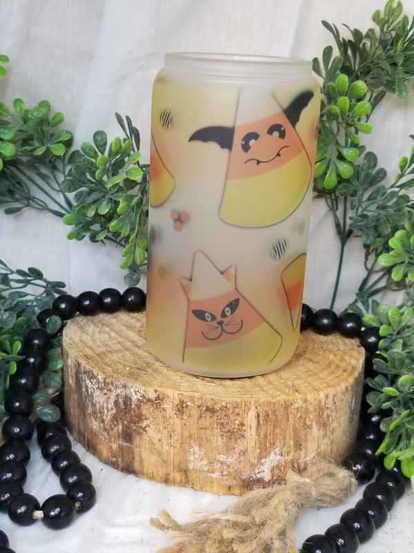 12oz Sublimated Frosted Glass Can - Candy Corn Character Theme