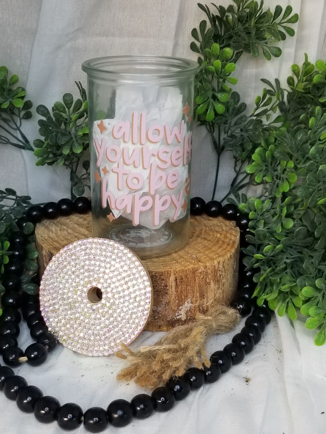 12oz Glass Can w/Rhinestone Bamboo Lid - Allow Yourself To Be Happy