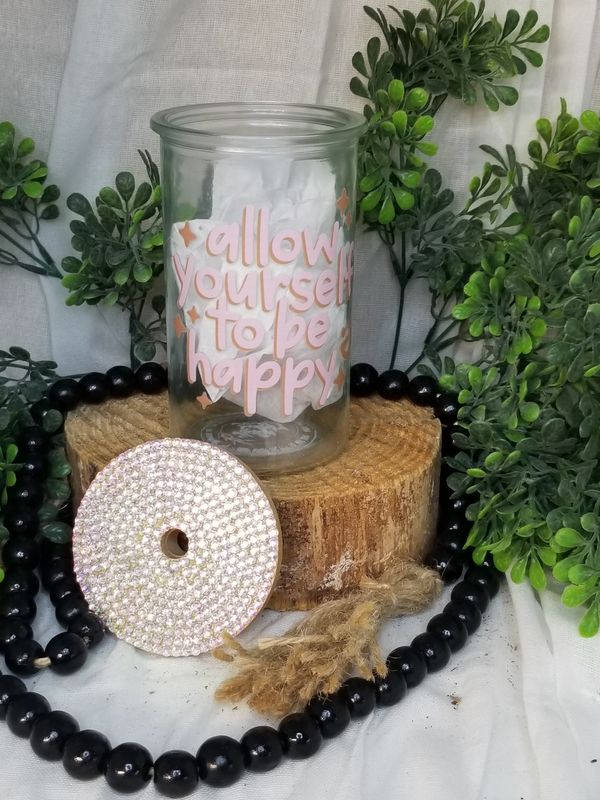 12oz Glass Can w/Rhinestone Bamboo Lid - Allow Yourself To Be Happy