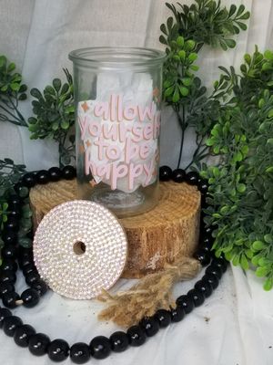 12oz Glass Can w/Rhinestone Bamboo Lid - Allow Yourself To Be Happy